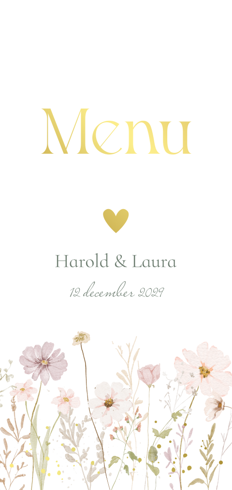 Menukaart huwelijk langwerpig bloemen pastel goudfolie 