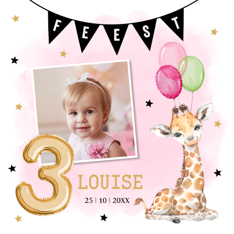 Uitnodiging kinderfeestje meisje 3 jaar foto waterverf giraffe