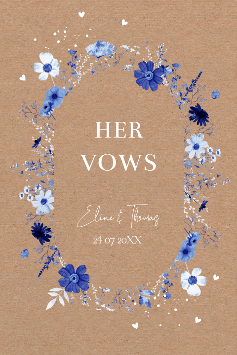 Geloftenkaart blauw kraftlook watercolour bloemenkrans