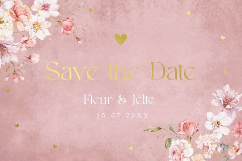 Save the Date uitnodiging bloemen oudroze dusty pink goudfolie