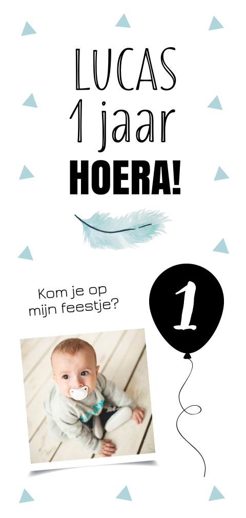 Uitnodiging kinderfeestje jongen foto driehoekjes wit 1 jaar