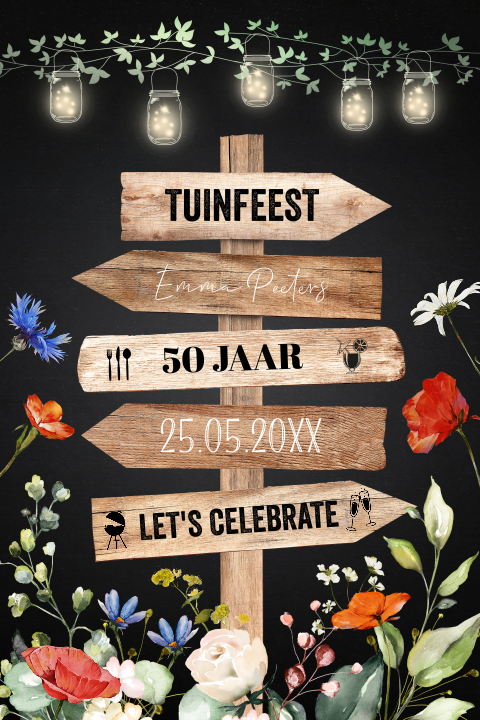 Uitnodiging verjaardag vrouw houten wegwijzer bloemen lampjes