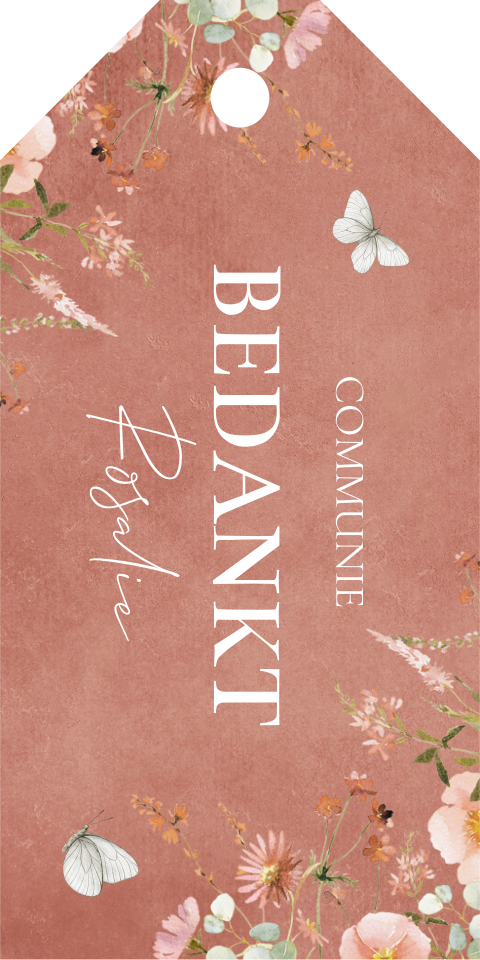 Labeltjes roze bloemen communie