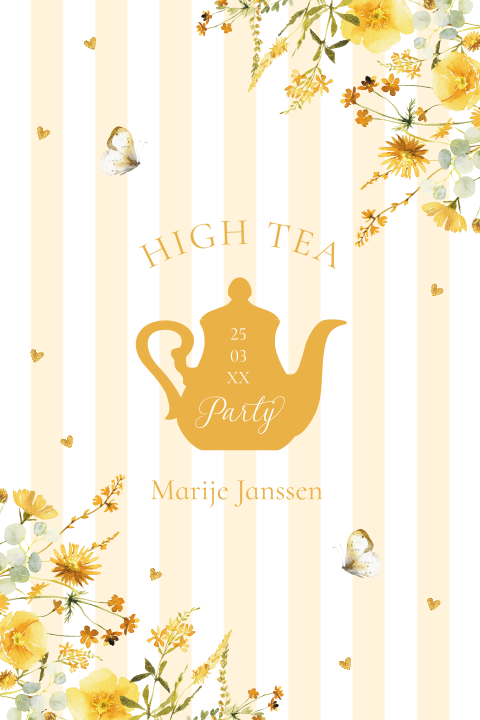 High Tea uitnodiging bloemen geel theepot