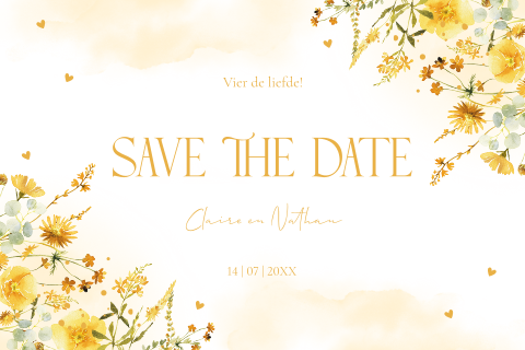 Save the Date uitnodiging watercolour bloemen geel
