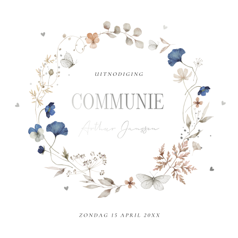 Communiekaart jongen bloemenkrans blauw zilverfolie