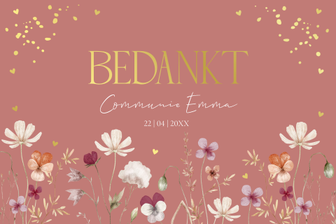 Bedankkaart communie meisje bloemen roze goudfolie