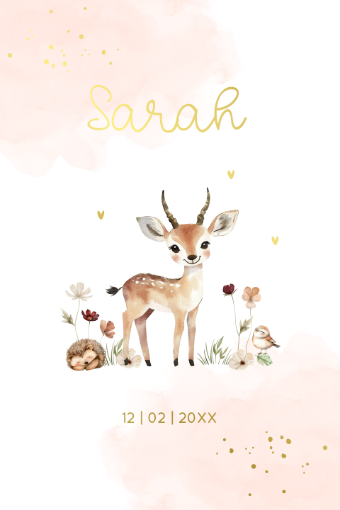 Geboortekaartje lief hertje meisje roze waterverf