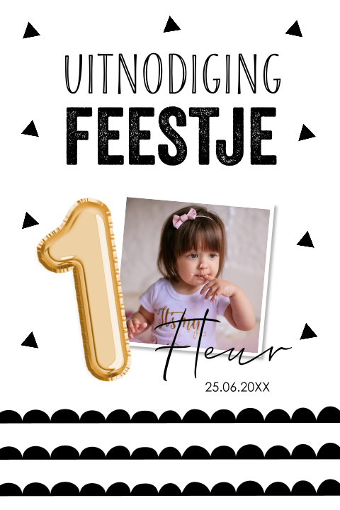 Uitnodiging kinderfeestje zwart wit foto driehoekjes