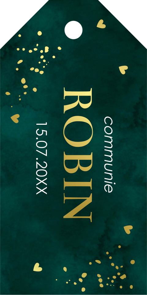 Communie labeltje groen met naam datum goudfolie