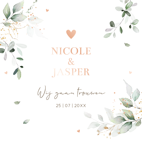 Trouwkaart botanisch bladeren groen rosegoudfolie