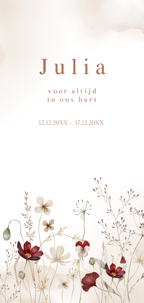 Rouwkaart kind baby langwerpig watercolour bloemen beige
