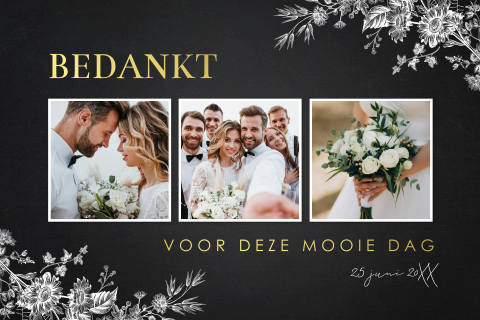 Bedankkaart huwelijk zwart fotocollage goudfolie