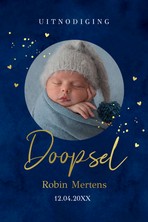 Doop uitnodiging met foto blauw spetters goudfolie jongen