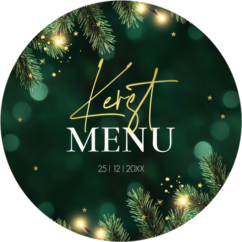 Kerstmenukaart rond groen kersttakjes goudfolie