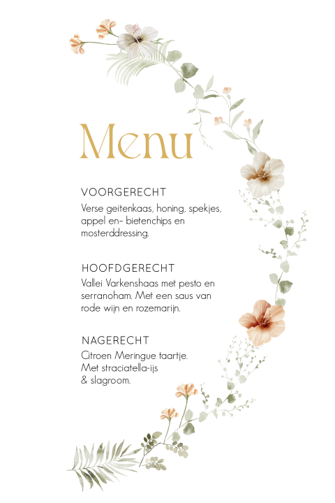 Menukaart originele vorm half rond bloemen