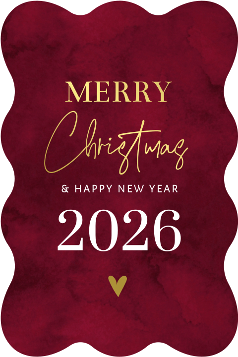 Luxe kerstkaart rood originele vorm golvend goudfolie