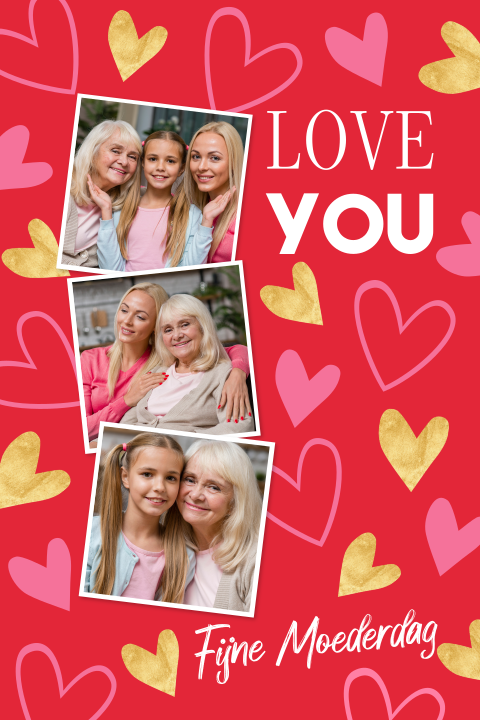 Moederdagkaart oma fotocollage love you rood hartjes roze