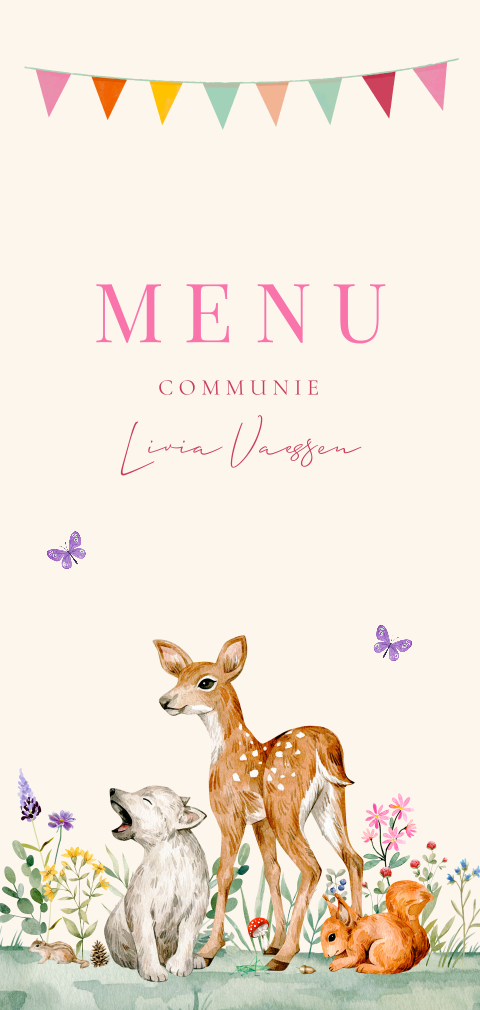 Menukaart communie meisje bosdieren slinger