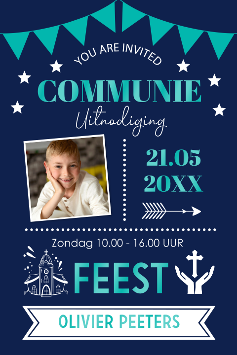 Communie uitnodiging jongen groen typografie symbolen