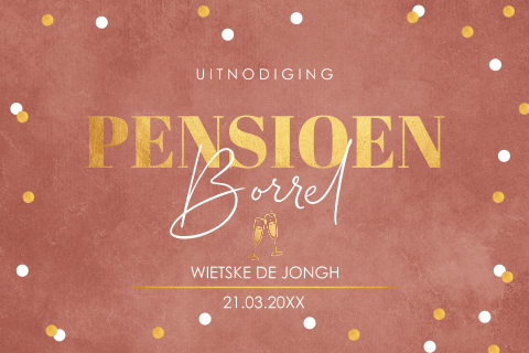 Pensioen uitnodiging roestbruin goudlook confetti vrouw feest