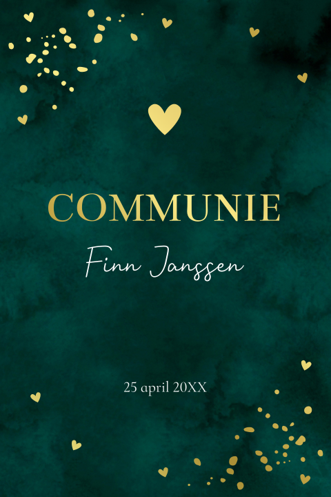 Communie uitnodiging jongen donkergroen hartjes goudfolie