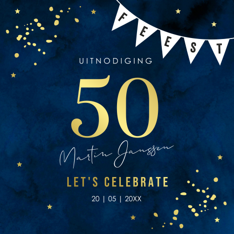 Uitnodiging verjaardag 50 jaar blauw man goudfolie slinger