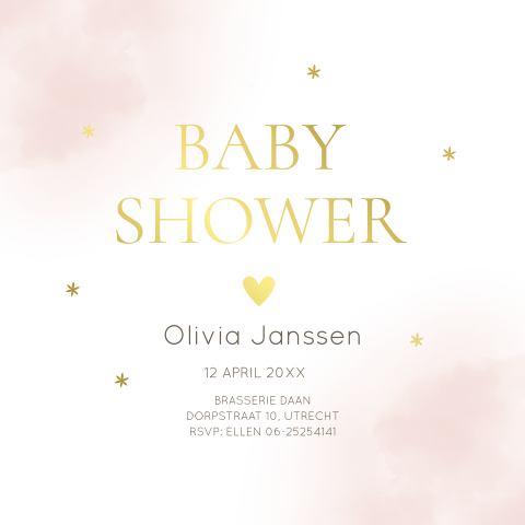 Babyshower uitnodiging roze watercolor goudfolie