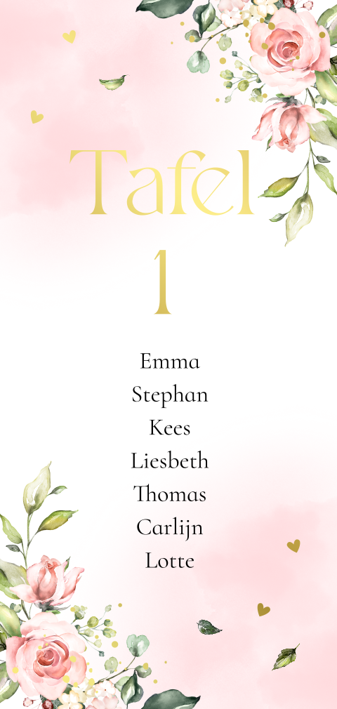 Tafelkaart huwelijk roze bloemen watercolour goudfolie