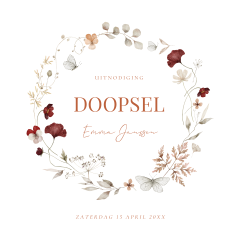 Doop uitnodiging meisje wit bloemenkrans beige rood