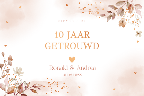 Jubileum uitnodiging 10 jaar getrouwd met foto bloemen foliedruk