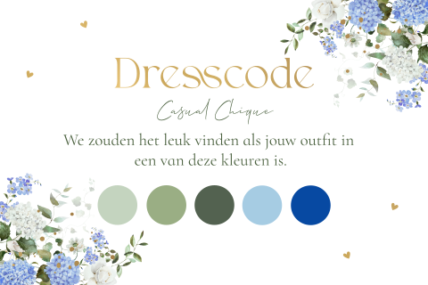 Dresscode kaartje huwelijk hortensia blauw groen kleurenpalet