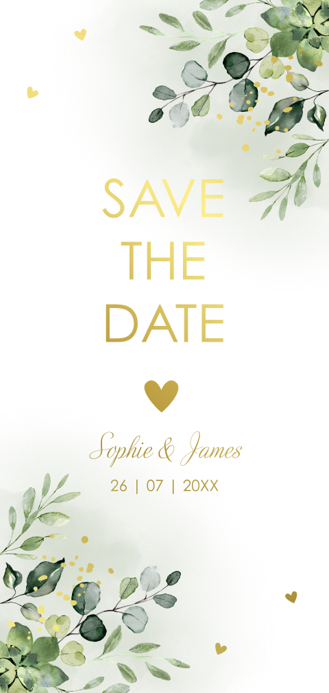 Save the Date uitnodiging botanisch bladeren groen goudfolie