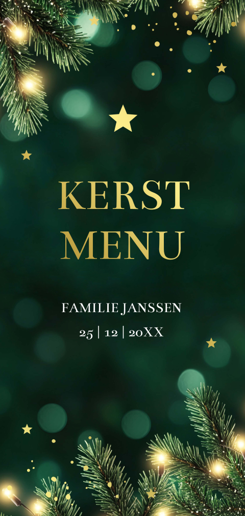 Kerstmenukaart groen langwerpig kersttakjes goudfolie