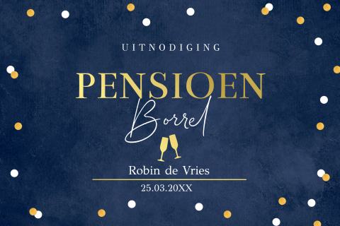 Pensioen uitnodiging borrel blauw confetti goudfolie
