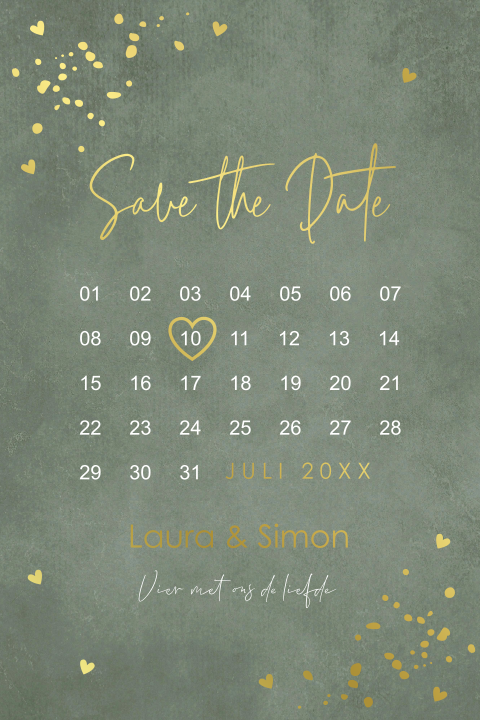 Save the Date kaart kalender groen hartjes goudfolie