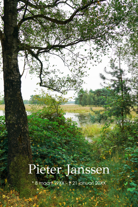 Rouwkaart met foto van het bos met uitzicht over het Leikeven