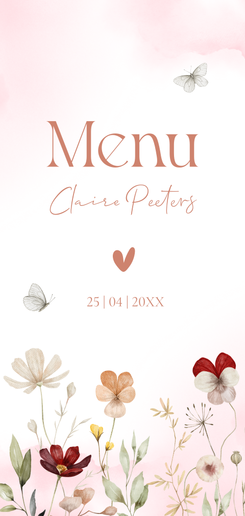 Menukaart communie bloemen terraroze meisje vlinders
