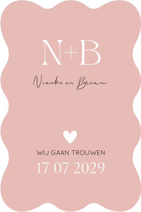 Trouwkaart roze initialen naam modern golvend kader