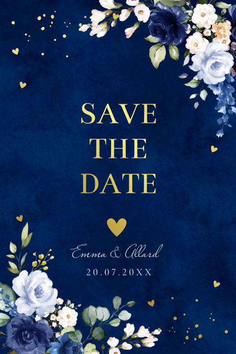 Stijlvolle Save the date kaart blauw bloemen rozen goudfolie