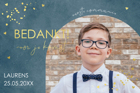 Bedankkaart communie blauw jongen eigen foto boog goudfolie