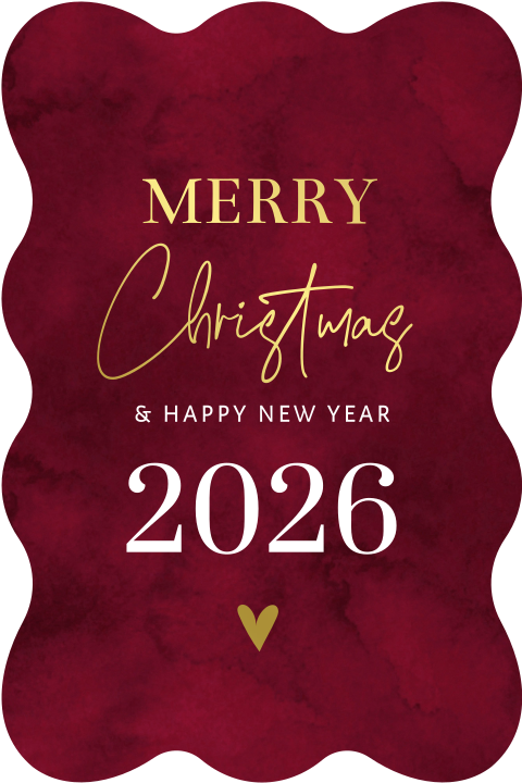 Luxe kerstkaart rood originele vorm golvend goudfolie