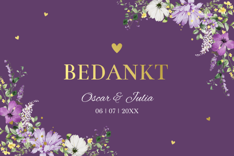 Bedankkaart bruiloft paars bloemen goudfolie