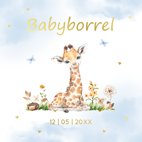 Kraamborrel kaartje giraffe blauw jongen goudfolie