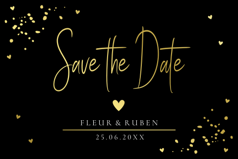Save the Date kaart huwelijk zwart hartjes goudfolie