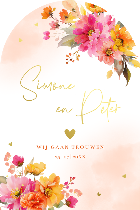 Trouwkaart fel gekleurde bloemen pink orange boog vorm