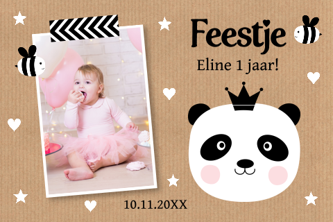 Uitnodiging kinderfeestje meisje 1 jaar pandabeer eigen foto