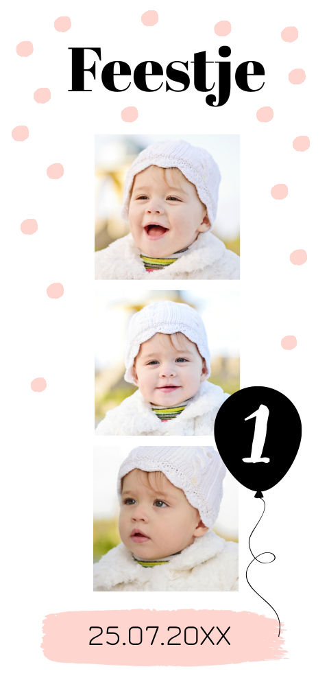Uitnodiging kinderfeestje meisje dots roze fotocollage
