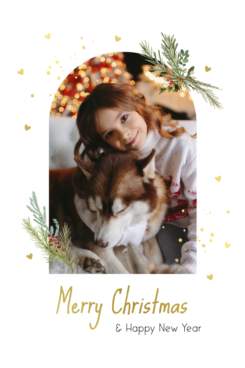 Kerstkaart wit foto boog kersttakjes luxe goudfolie