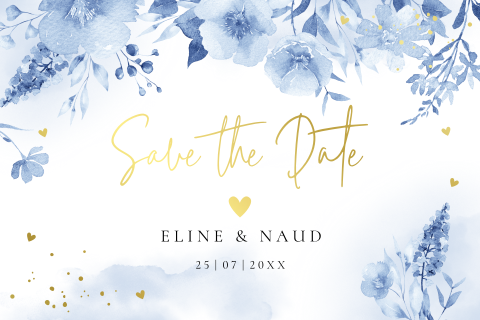 Save the Date kaart bloemen watercolour blauw goudfolie
